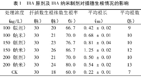 表l IBA原劑及IBA納米制劑對插穗生根情況的影響